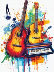 Musical instruments showcase creative energy with colorful splashes and scattered notes in vibrant artistic expression. Generative AI