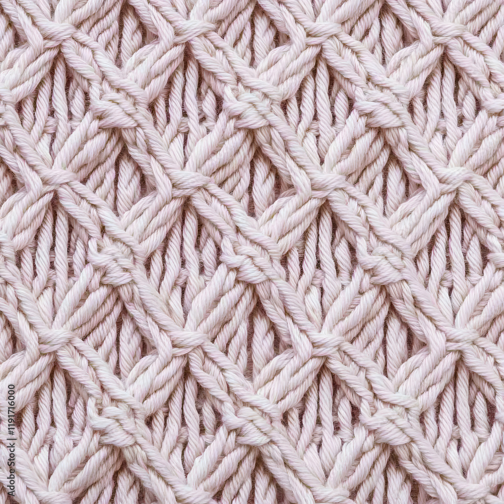 Poster close-up of soft pink knitted fabric shows intricate cable pattern texture background.