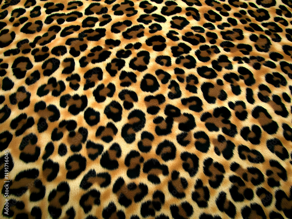 Poster leopard print fabric texture displays a seamless pattern with realistic fur details.
