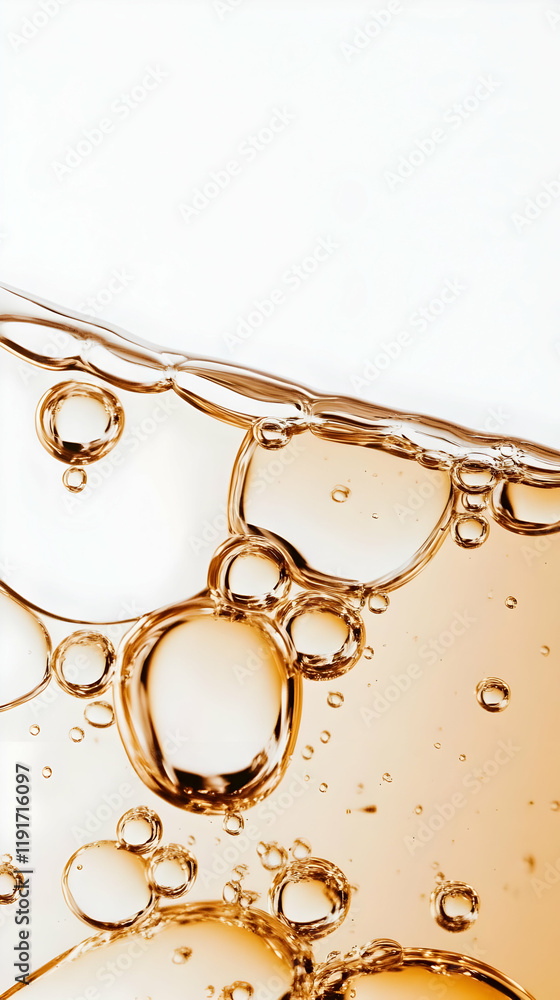 Poster golden liquid with bubbles forms an abstract pattern on a white background