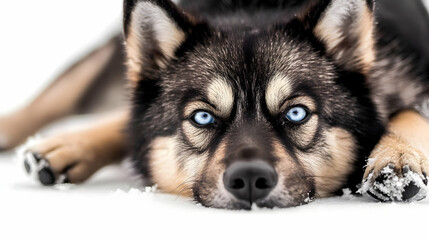 Husky Dog Lies in the Snow with Intense Blue Eyes and Snow-Covered Paws
