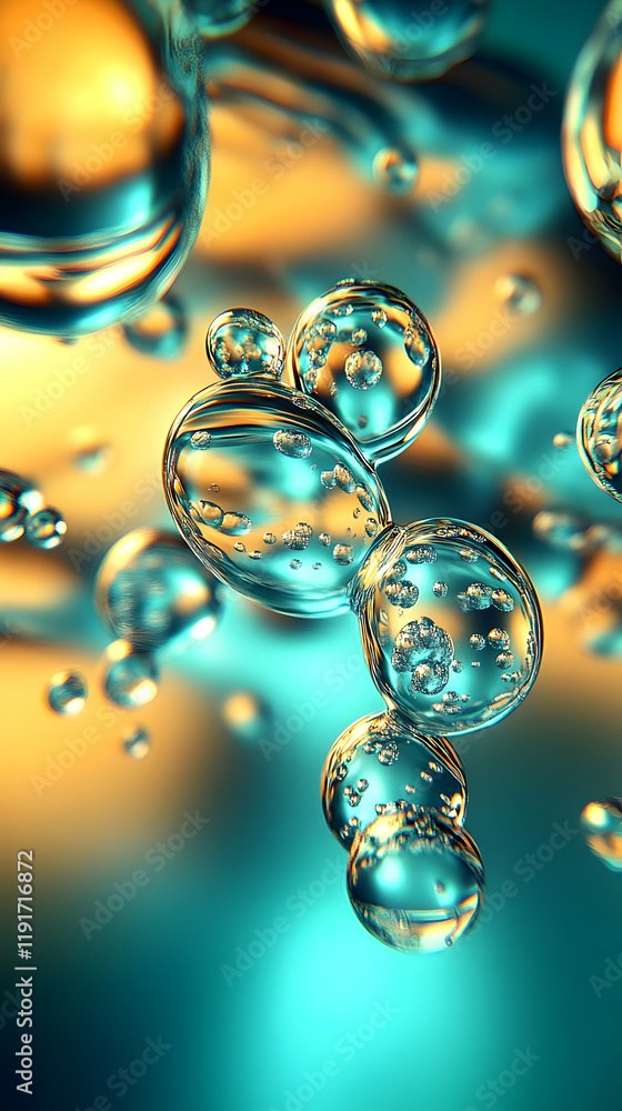 Poster translucent bubbles cluster together, reflecting light and color in abstract art