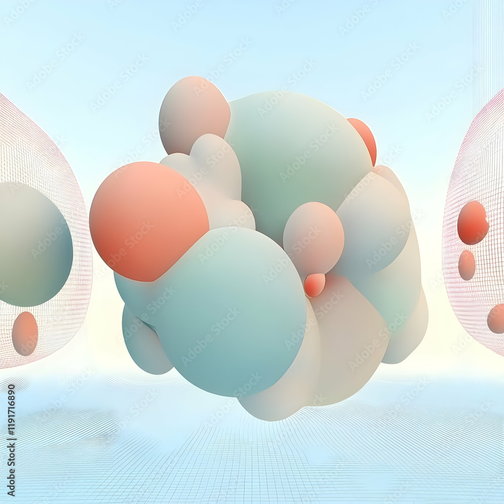 Poster 3d abstract shapes float above a gridded plane with subtle pastel colors and soft lighting