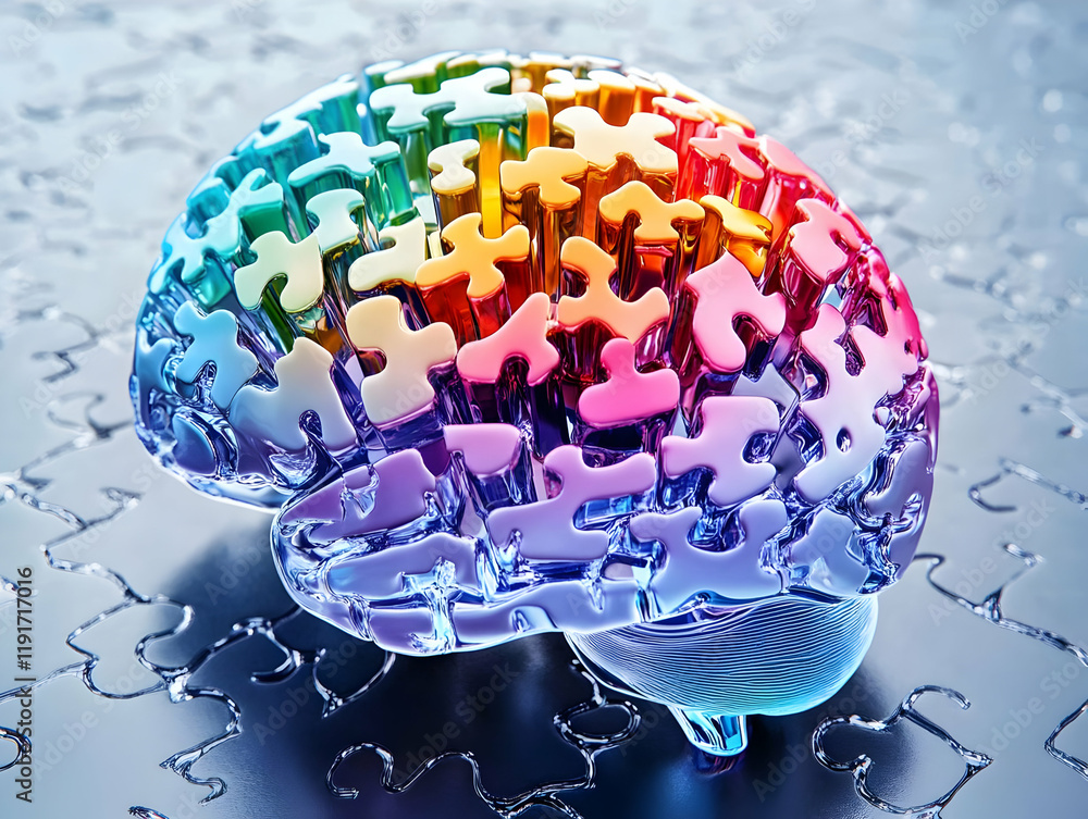 Poster 3d glass brain puzzle represents cognitive function, memory, and problem-solving abilities effective