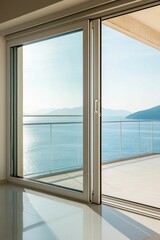 Fototapeta premium Ocean view through sliding glass door, balcony.