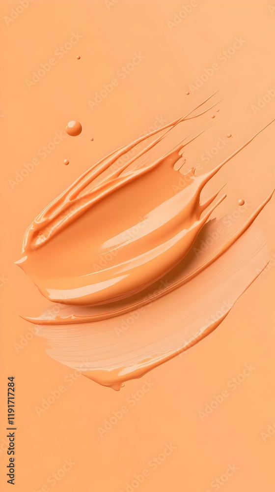 Poster peach-colored liquid foundation swirls and splashes dynamically on a matching background