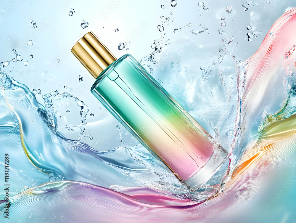 Poster gradient perfume bottle splashing through colorful water with a dynamic fluid background