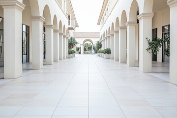 Obraz premium White colonnade, tiled floor, potted plants, courtyard view.