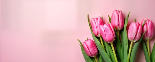 Obraz premium Pink tulips bouquet on pastel pink background. Spring floral arrangement. Flat lay top view. Perfect for spring holidays like Easter Womens Day. Ideal for greeting card, invitation, social media