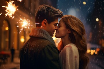 Young couple kissing under snowfall with sparklers on new year's eve, celebrating love and winter holidays