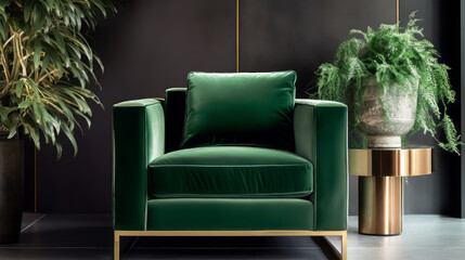 Obraz premium A close-up shot of a luxurious velvet armchair in deep green, featuring brass detailing along the armrests and a textured cushion