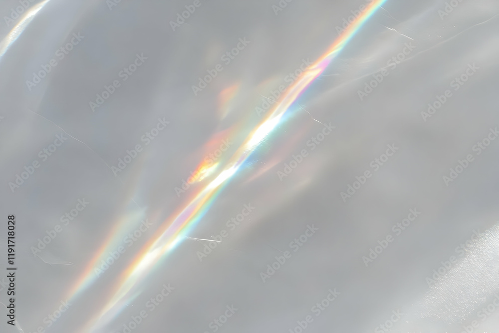 Poster diagonal rainbow prism light creates colorful spectrum on reflective surface with scratches.