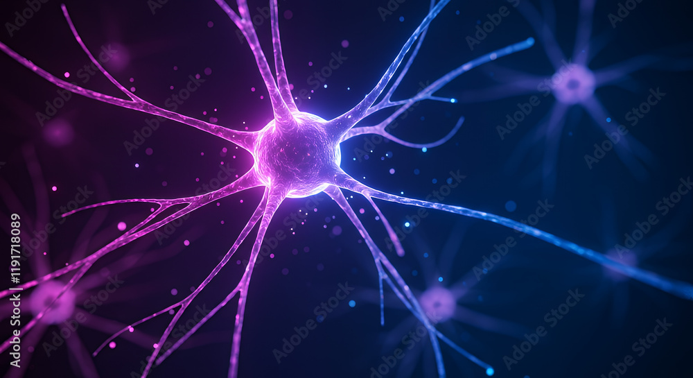 Poster a mesmerizing close-up of an illuminated neuron in a glowing neural network. the central neuron shin