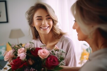 Young woman giving a bouquet of roses to her elderly mother at home, celebrating mother's day or birthday
