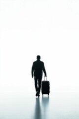 Fototapeta premium Silhouette of person pulling wheeled luggage.