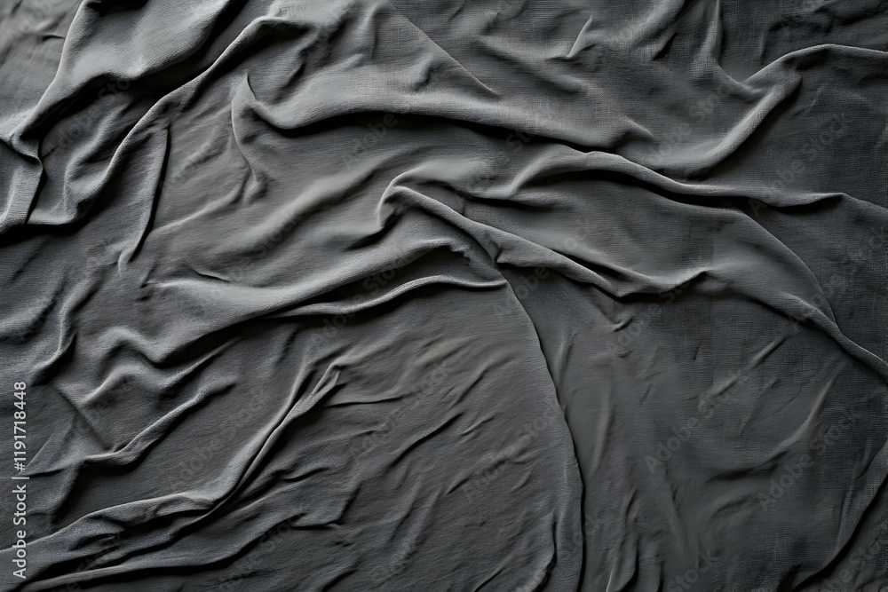 Poster dark gray fabric drapes and folds elegantly, creating a textured background with soft shadows and hi