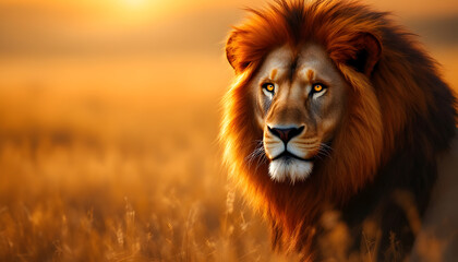 Naklejka premium Majestic African Lion at Sunset