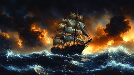 Obraz premium Sailing ship stormy sea sunset dramatic ocean art