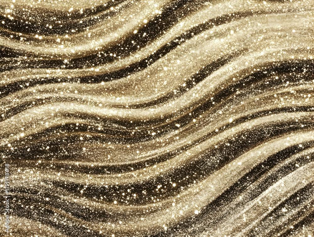 Poster golden glitter background creates wavy pattern with sparkling particles and abstract texture effect.