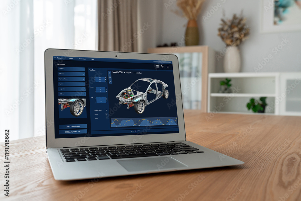 Poster electric car design software on computer screen showing simulation blueprint snugly by digital calcu