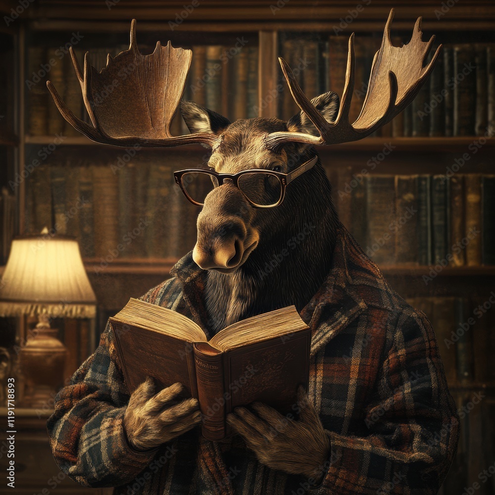 Aufkleber Moose in reading glasses enjoys a book in a vintage library filled with old books and warm lighting. Generative AI
