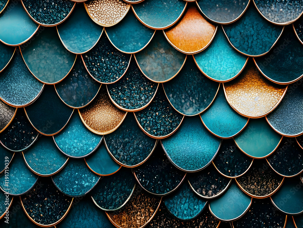 Poster intricate teal and gold scale pattern creates a visually stunning textured background for design pro