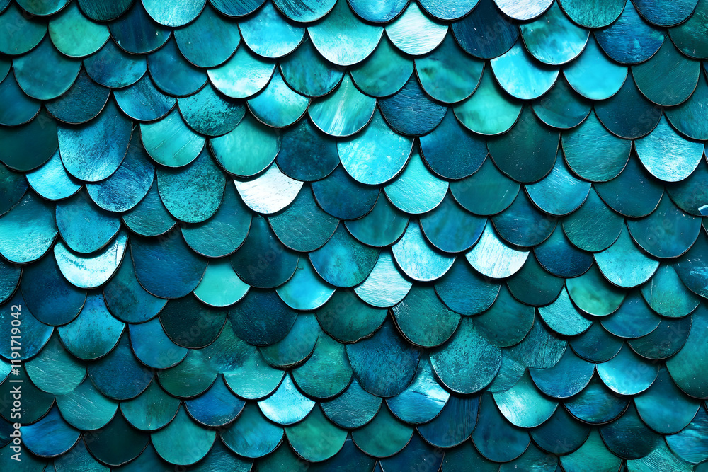 Poster turquoise blue scale-like pattern forms a textured background surface close up.