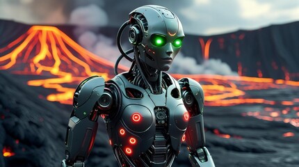 highly detailed futuristic robot with humanoid structure standing in a volcanic landscape