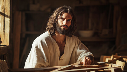 Jesus Christ working in carpentry workshop. His calm satisfied expression glows in side light from open door