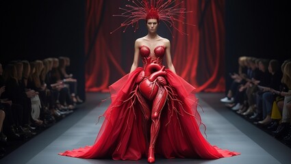 a model walking wearing a red dress