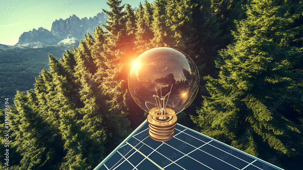 Poster light bulb on solar panel with forest and mountains background generates renewable energy efficientl