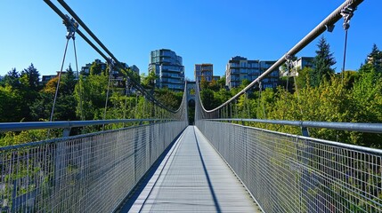 Long suspension bridge leading into a vibrant city skyline, with clear blue skies for ample copy space.