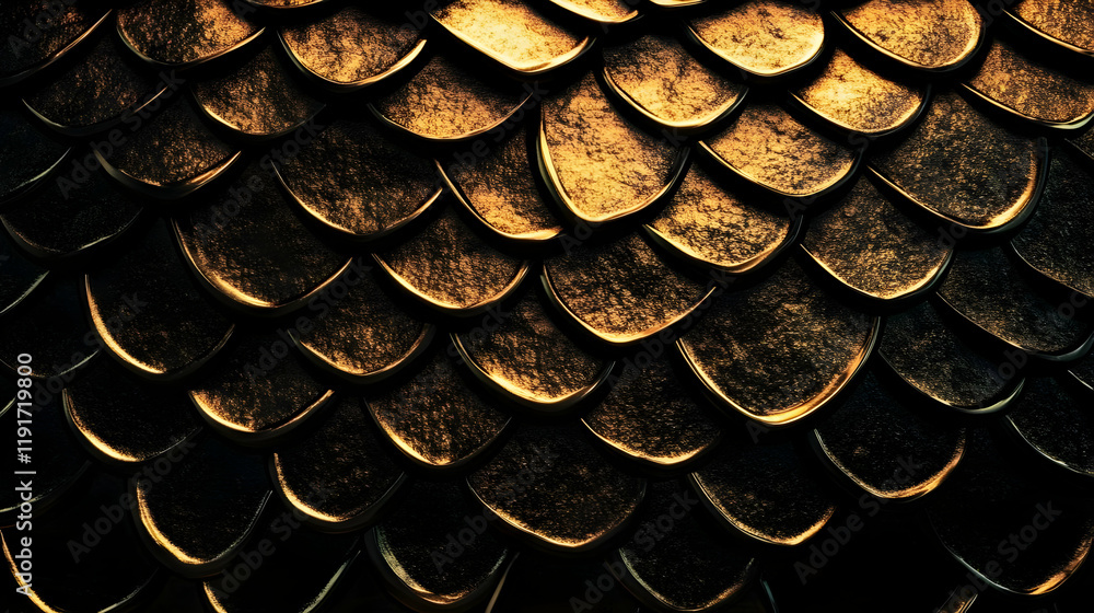 Poster intricate 3d render of dark gold scales forms a textured and overlapping pattern with metallic sheen