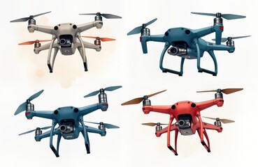 Cute comical drones float in the air. Colorful tech gadgets hover above white background. Minimalist illustration in vibrant colors captures tech innovation.