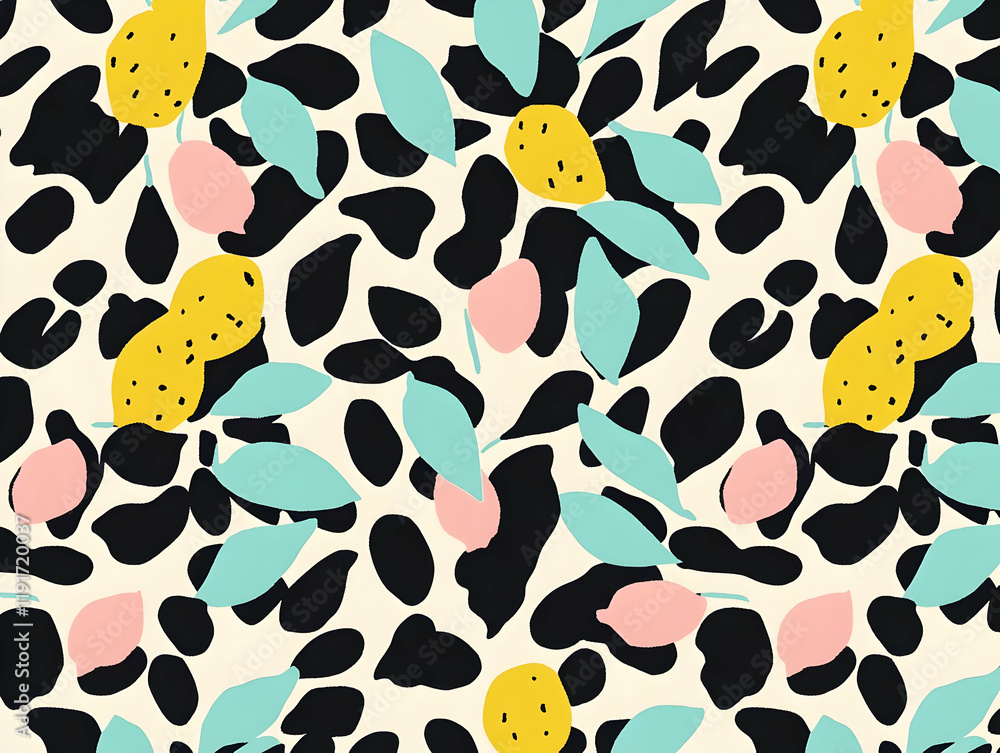 Poster abstract seamless pattern features colorful fruits and leaves on a cow print background.