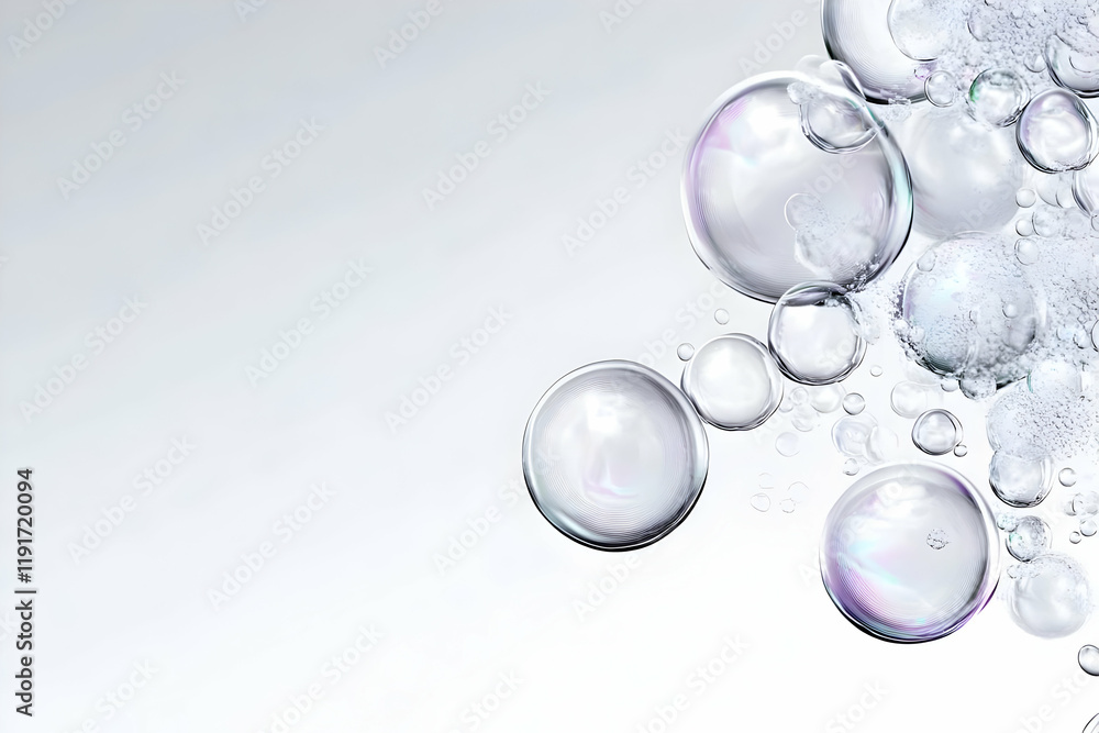 Poster floating soap bubbles form a cluster on a white background gently