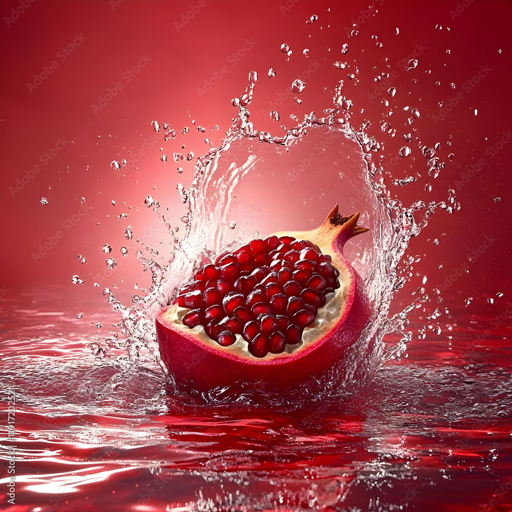 Poster ripe pomegranate splashing into red liquid dynamically with water droplets