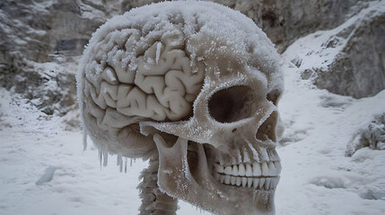 Frozen Skull with Exposed Brain Covered in Snow and Ice Crystals in Winter Landscape