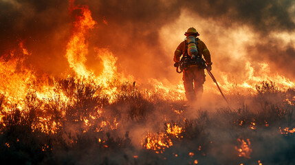 A courageous firefighter from the back battles a raging forest fire in the hills using hoses and equipment surrounded by thick smoke, flames, and rugged terrain with a blurred caption space