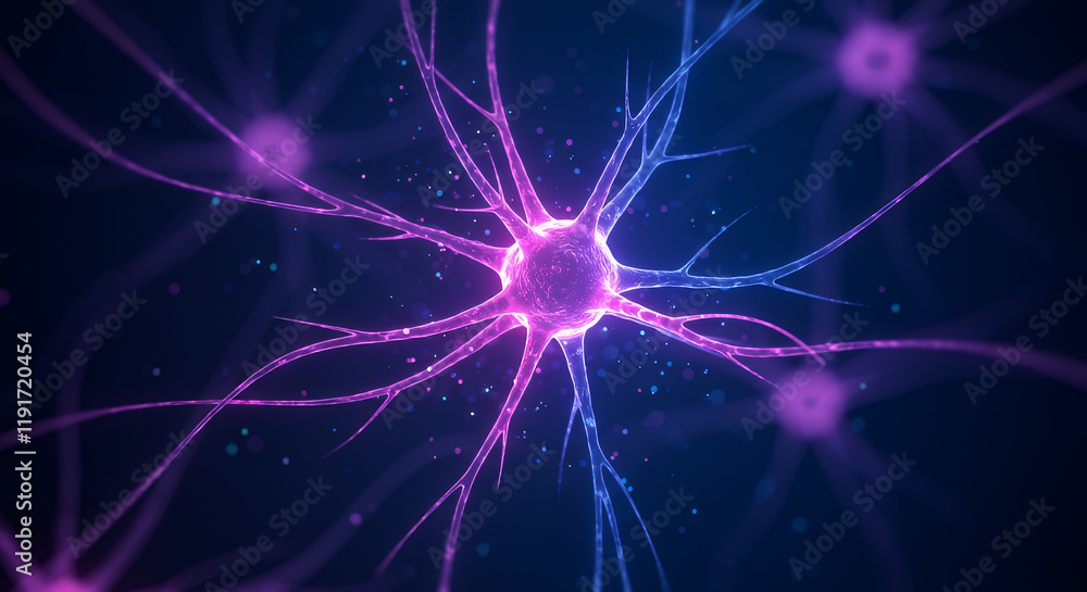 Poster a mesmerizing close-up of an illuminated neuron in a glowing neural network. the central neuron shin