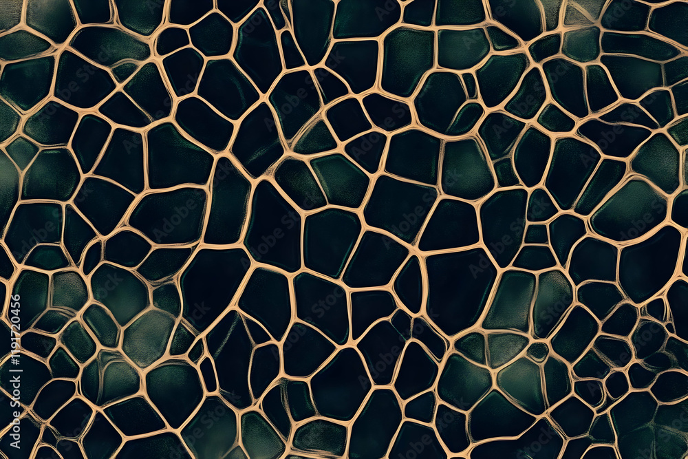 Poster abstract background forms an intricate webbed pattern with gold highlights and dark green cells.