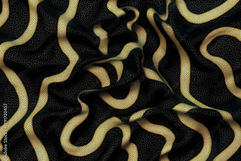 Poster intricate gold reptile skin pattern undulates on a dark background in a close-up view.