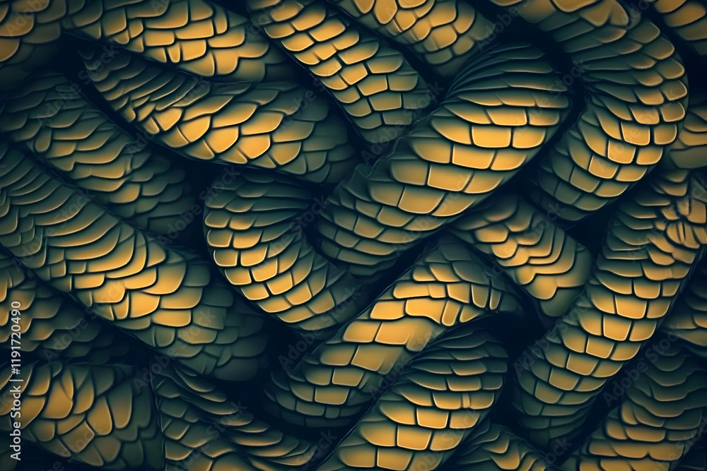 Poster intricate 3d reptile skin texture forms abstract background in gold and dark green