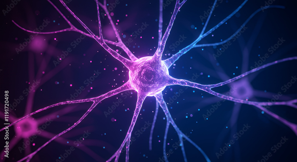 Poster a mesmerizing close-up of an illuminated neuron in a glowing neural network. the central neuron shin