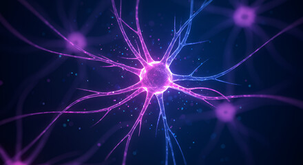 A mesmerizing close-up of an illuminated neuron in a glowing neural network. The central neuron shines with a radiant pink and violet glow