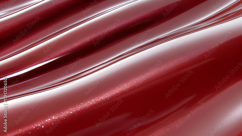 Poster glossy red liquid flows in abstract waves, creating a visually appealing texture