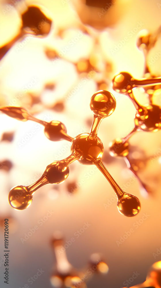 Poster abstract 3d render of golden molecules connecting and forming a complex structure beautifully