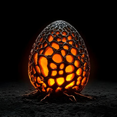 Glowing Egg with Intricate Pattern Rests on Dark Ground in a Mysterious Scene