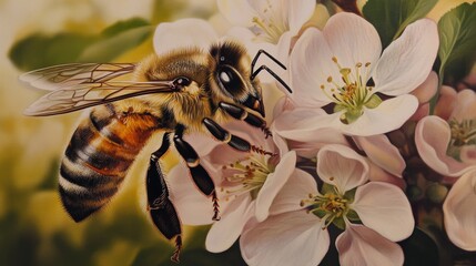 Honey bee pollinating apple blossom