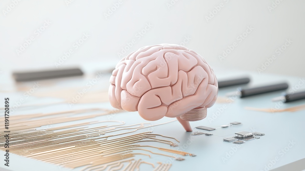 Poster brain model with tools, exploring the intricacies of neuroscience and cognitive science for enhanced